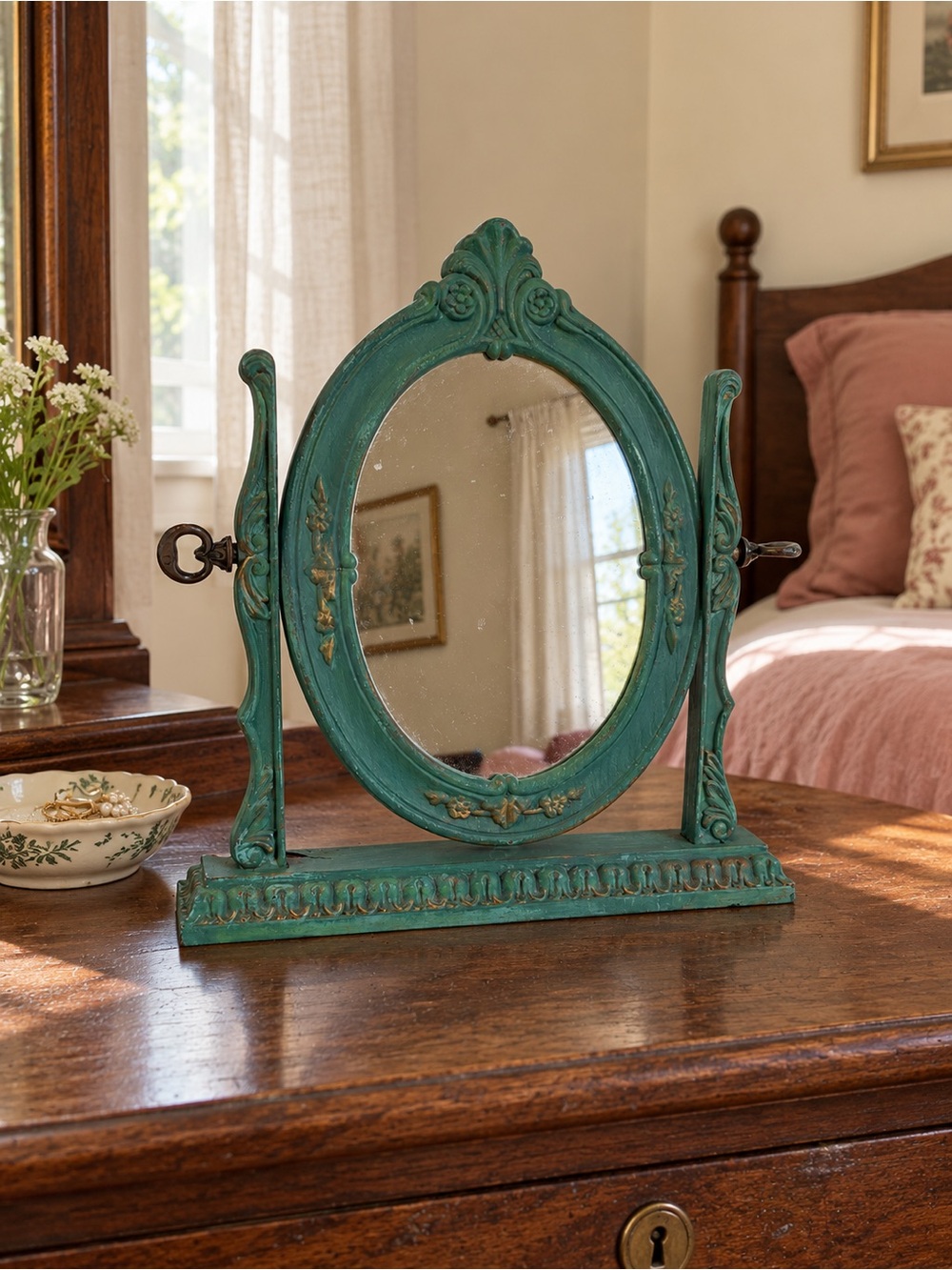 Vintage Oval Wood Swivel Frame Mirror Victorian Ornate Tabletop Decor cottage